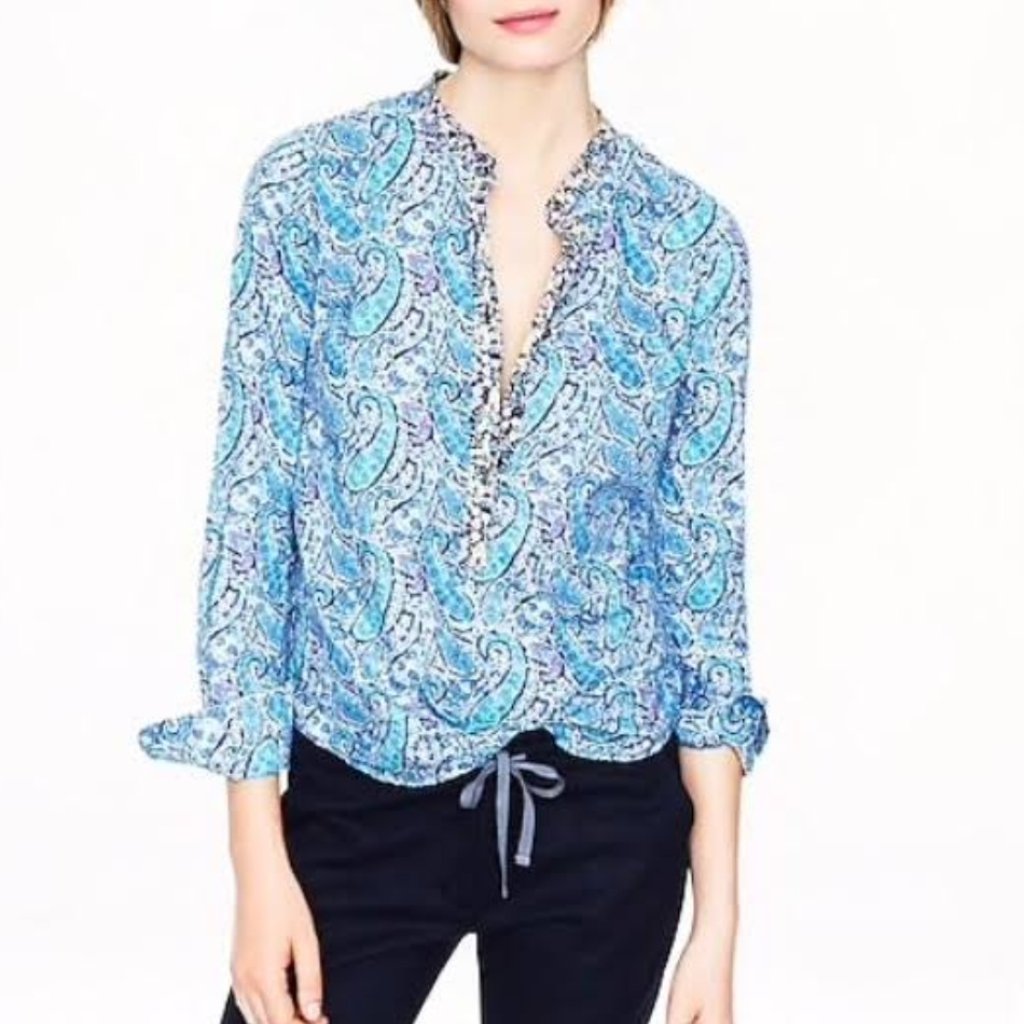 J.Crew Liberty Of London Fabrics Burton Paisley Popover Blouse 2 Blue